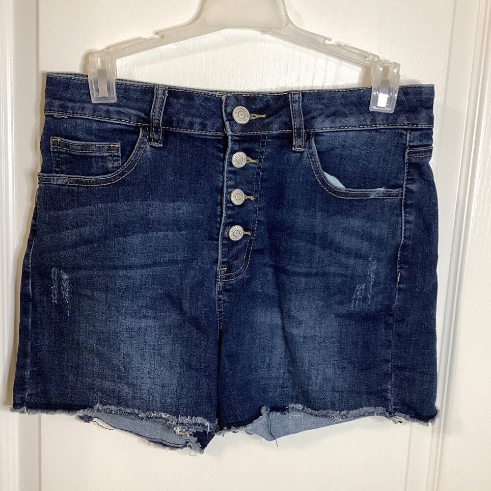 Warehouse One Women's Exposed Button Fly Denim Shorts Dark Wash Cut Off Hem